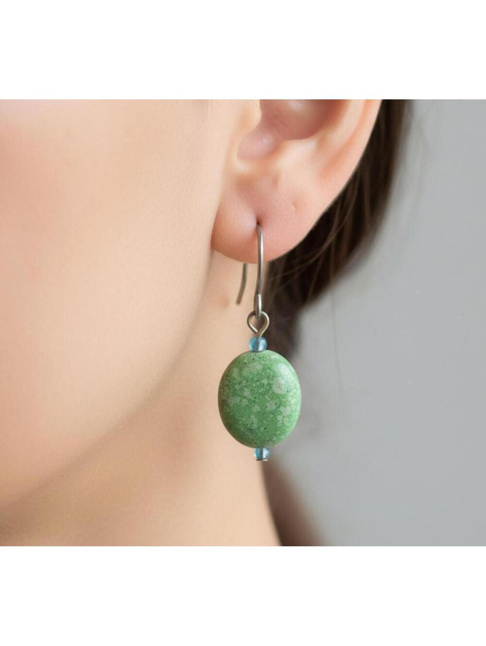 EARRINGS Flecked green agate With Blue And White Micro Beads Silver tone 1.25”